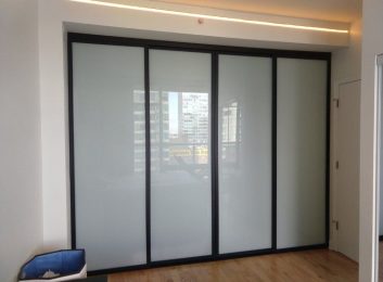 Black frames, frosted glass, 4 panels room divider, 120w by 96h $2095