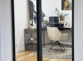 Home office glass sliding doors, black frame, clear glass, 80\"W x 96\"H, $1450