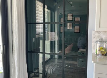 Glass home office, black frames, clear glass, Trio Design, 72x80, $1,295