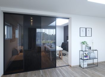 Glass doors for home office, Black frames, smoked glass, 2 panels, 94w by 96h $1970