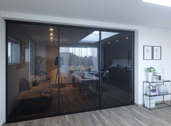 Sliding Glass home partitions, Black frames, smoked glass, 3 panels, 108w by 96h $1905