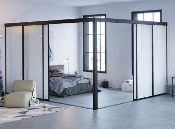 Modern L-Shape Room Divider, black frame, frosted glass, 3 panels $2,522